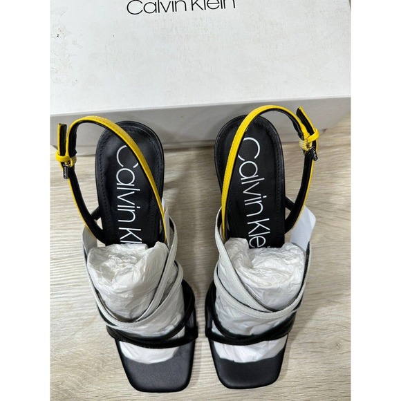 NWB Calvin Klein Womens Black 10M Miu Strappy Sandals Black White Yellow - Picture 2 of 8